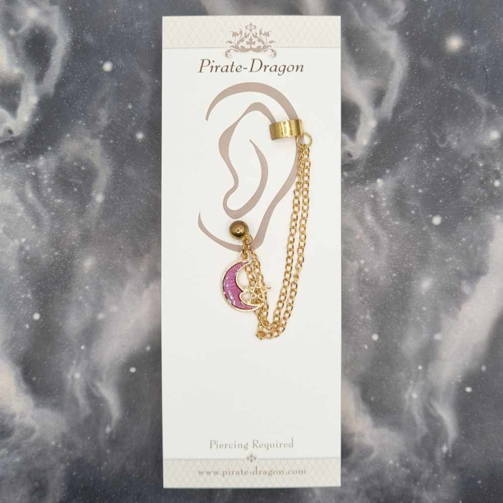 Pink Crescent Moon with Gold Chains Pierced Earcuff (EC99448)