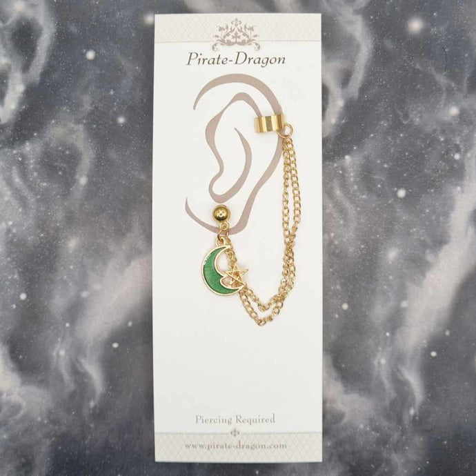 Green Crescent Moon with Gold Chains  Pierced Earcuff 