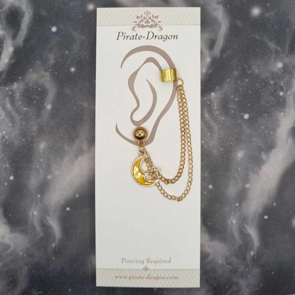 Yellow Crescent Moon with Gold Chains Pierced Earcuff (EC99451)