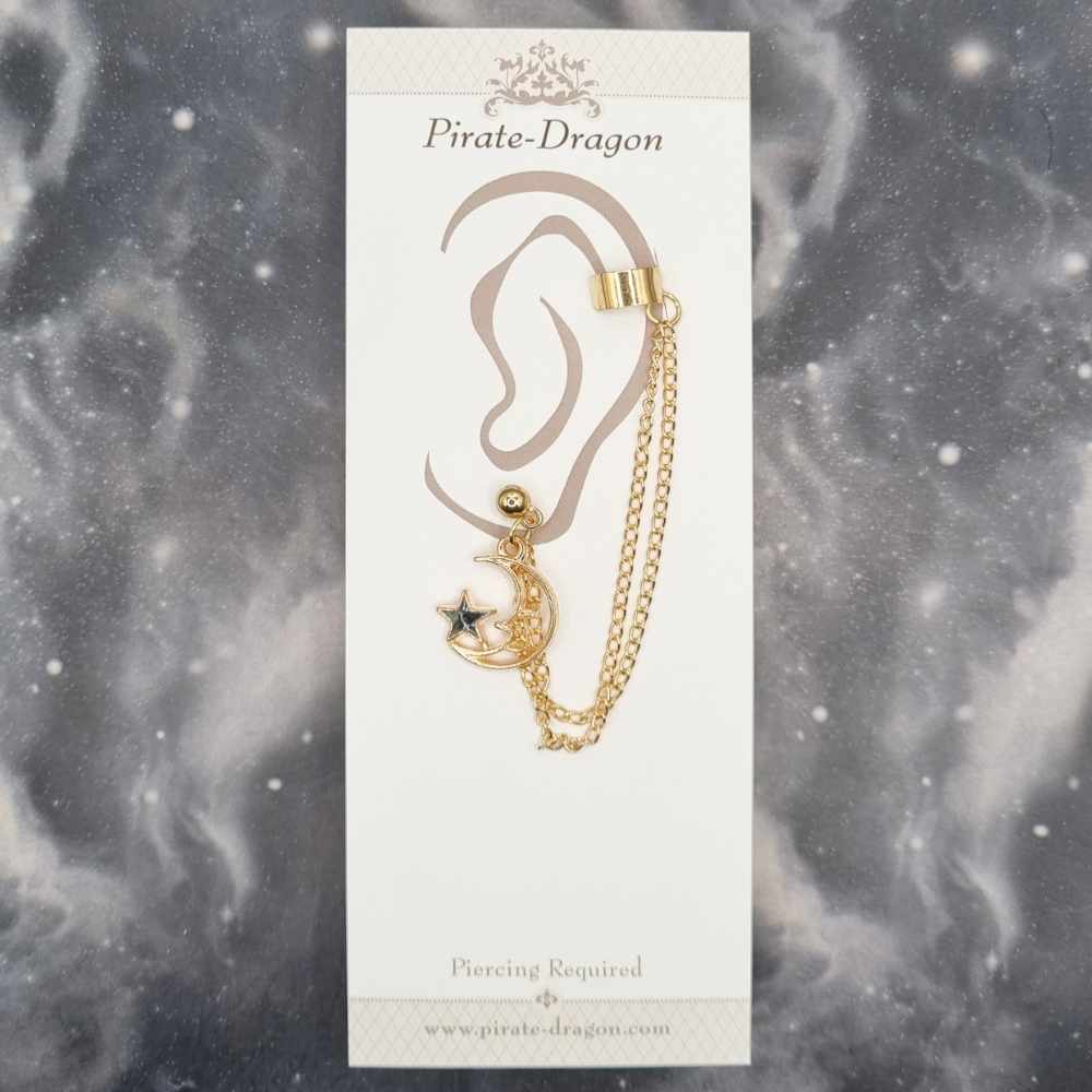 Moon & Star with Gold Chains Pierced Earcuff (EC99453)