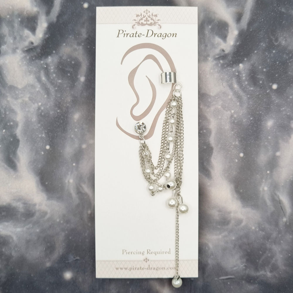 Pearl Drops with Silver Chains Pierced Earcuff (EC9946)