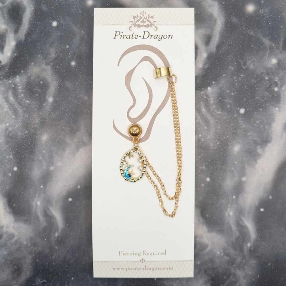 Blue Crescent Moon Oval with Gold Chains Pierced Earcuff (EC99461)