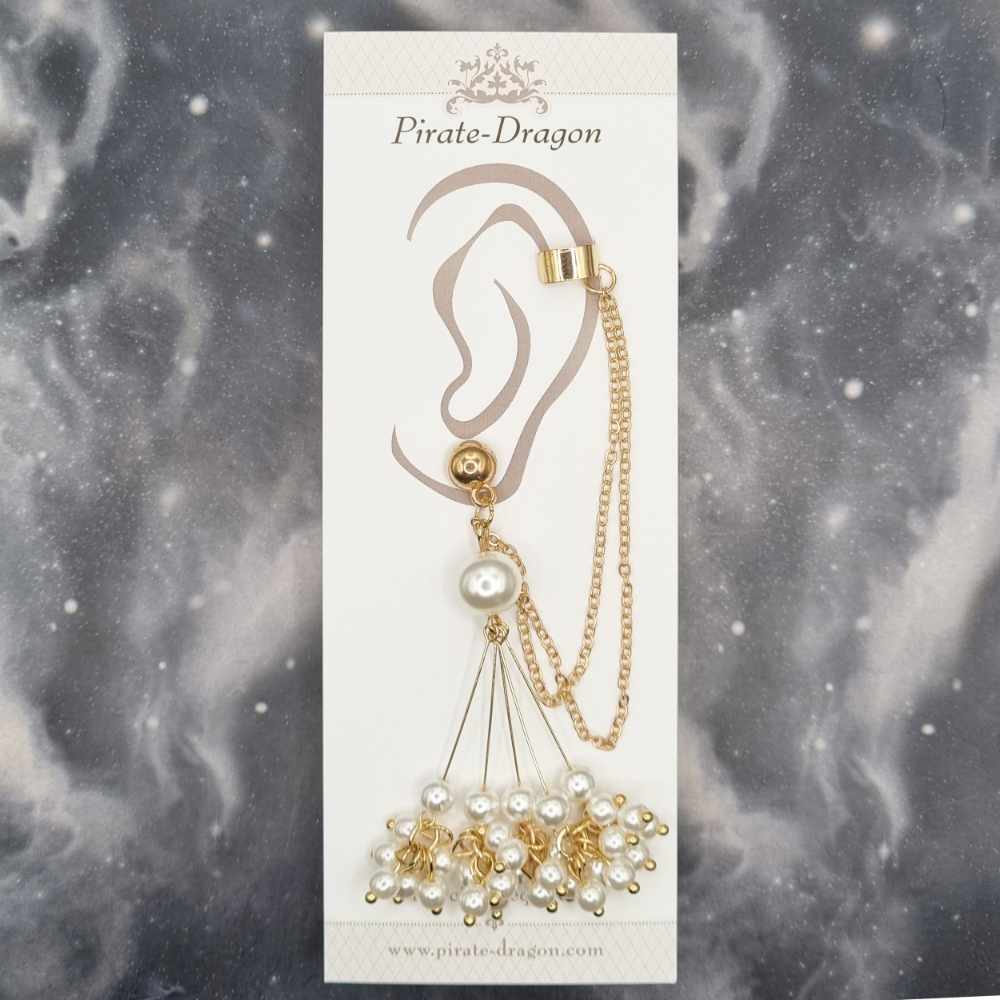 Pearl Drops with Gold Chain Pierced Earcuff (EC99466)
