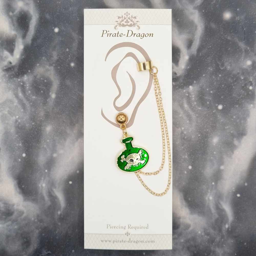 Green Poison Bottle with Gold Chains Pierced Earcuff (EC99469)