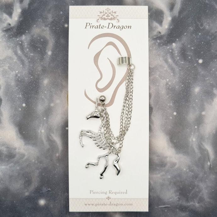 Silver Unicorn Skeleton with Silver Chains Pierced Earcuff (EC99948)