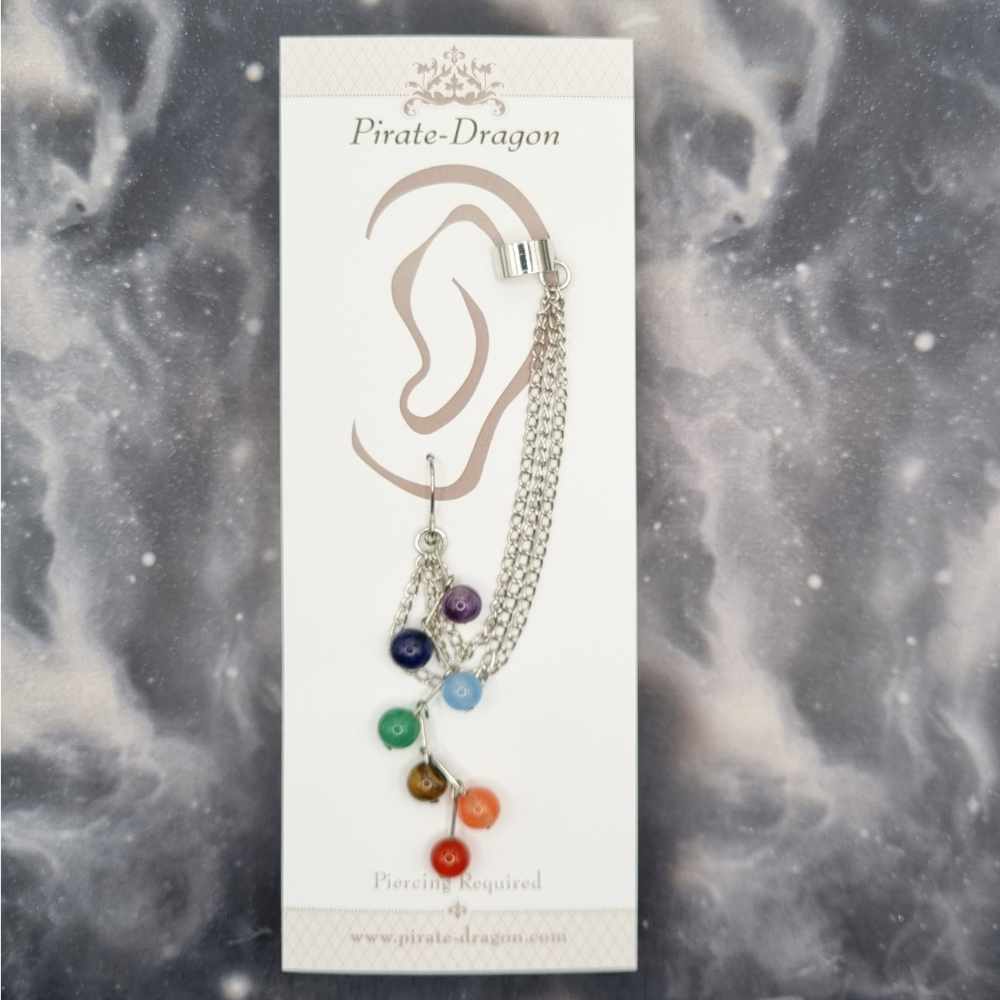 Chakra Bead Drop with Silver Chains Pierced Earcuff (EC99498)