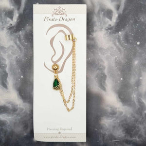 Green Gem Teardrop with Gold Chains Pierced Earcuff (EC99505)