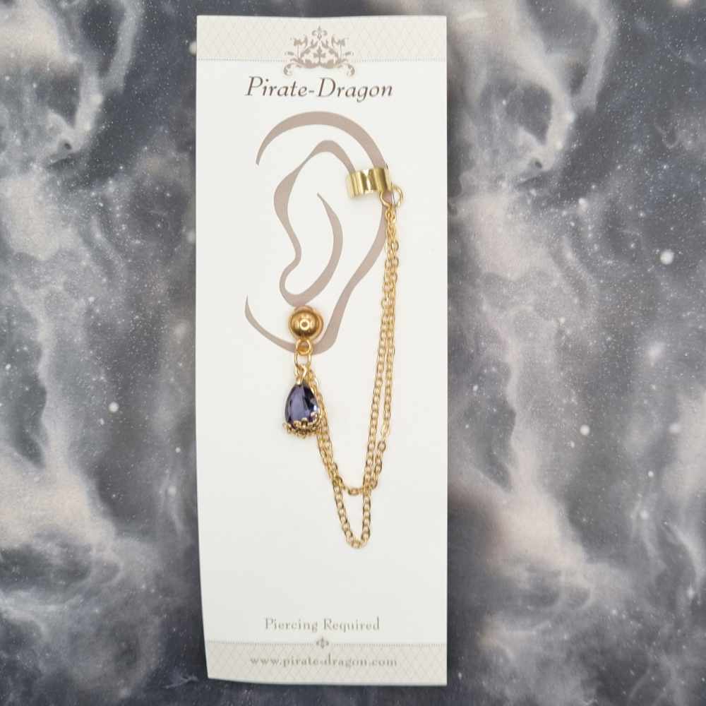 Purple Gem Teardrop with Gold Chains Pierced Earcuff (EC99506)