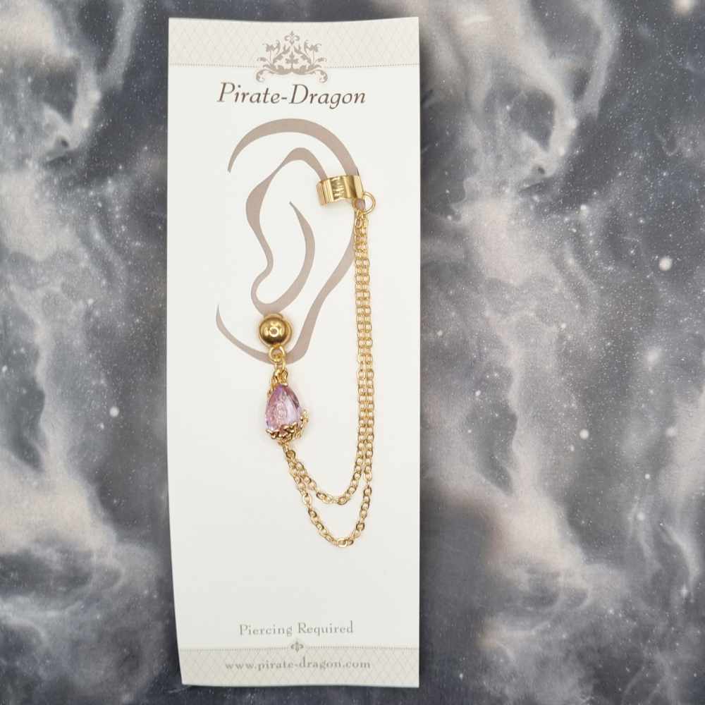 Pink Gem Teardrop with Gold Chains Pierced Earcuff (EC99507)