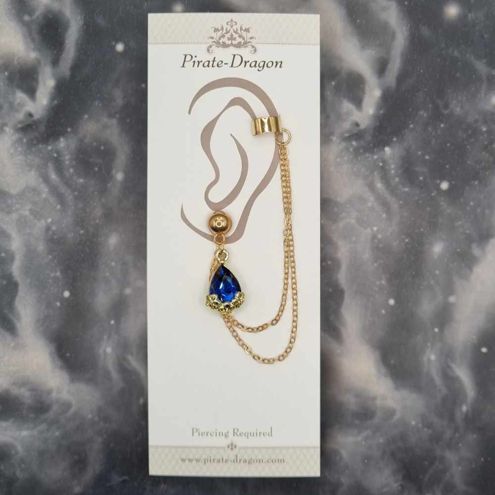 Blue  Gem Teardrop with Gold Chains Pierced Earcuff (EC99521)