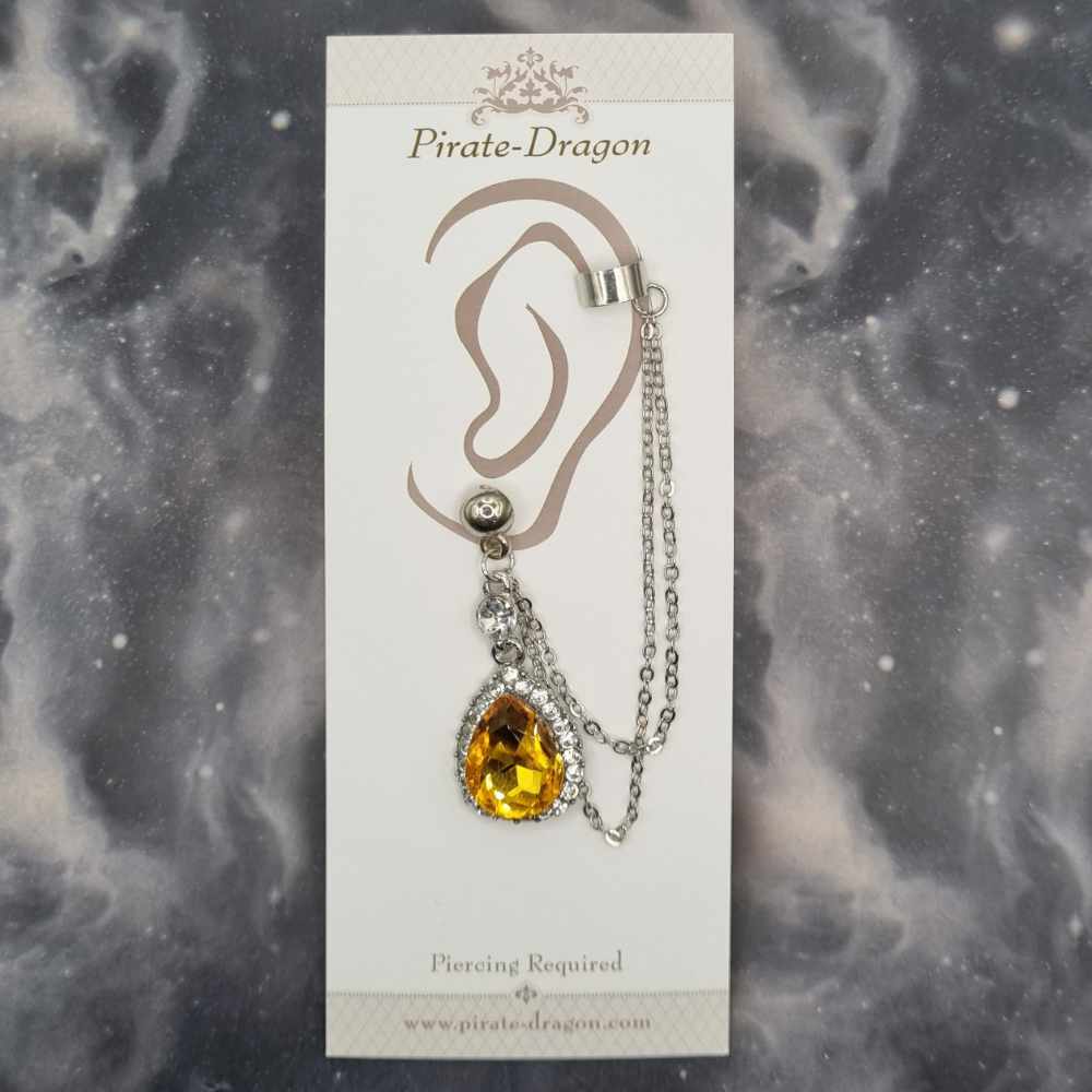 Yellow Gem Teardrop with Silver Chains Pierced Earcuff (EC99523)