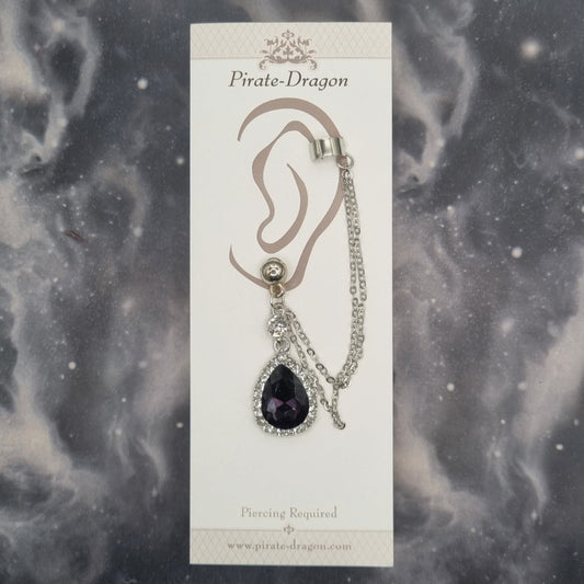 Black Gem Teardrop with Silver Chains Pierced Earcuff (EC99525)