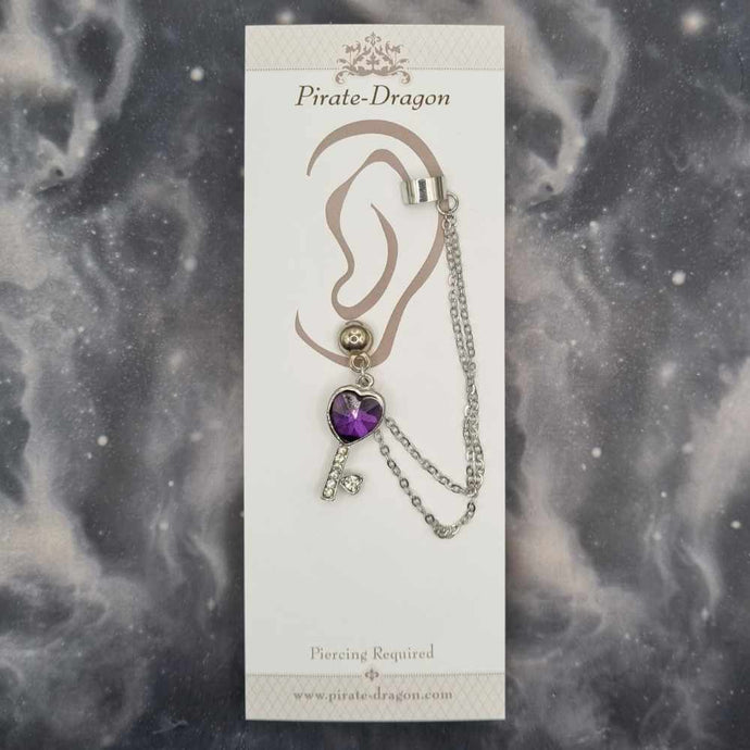 Purple Heart Gem Key with Silver Chains Pierced Earcuff (EC99529)