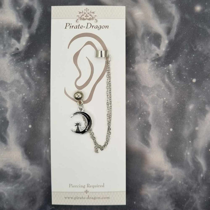Cat on Black Moon with Silver Chains Pierced Earcuff (EC99546)