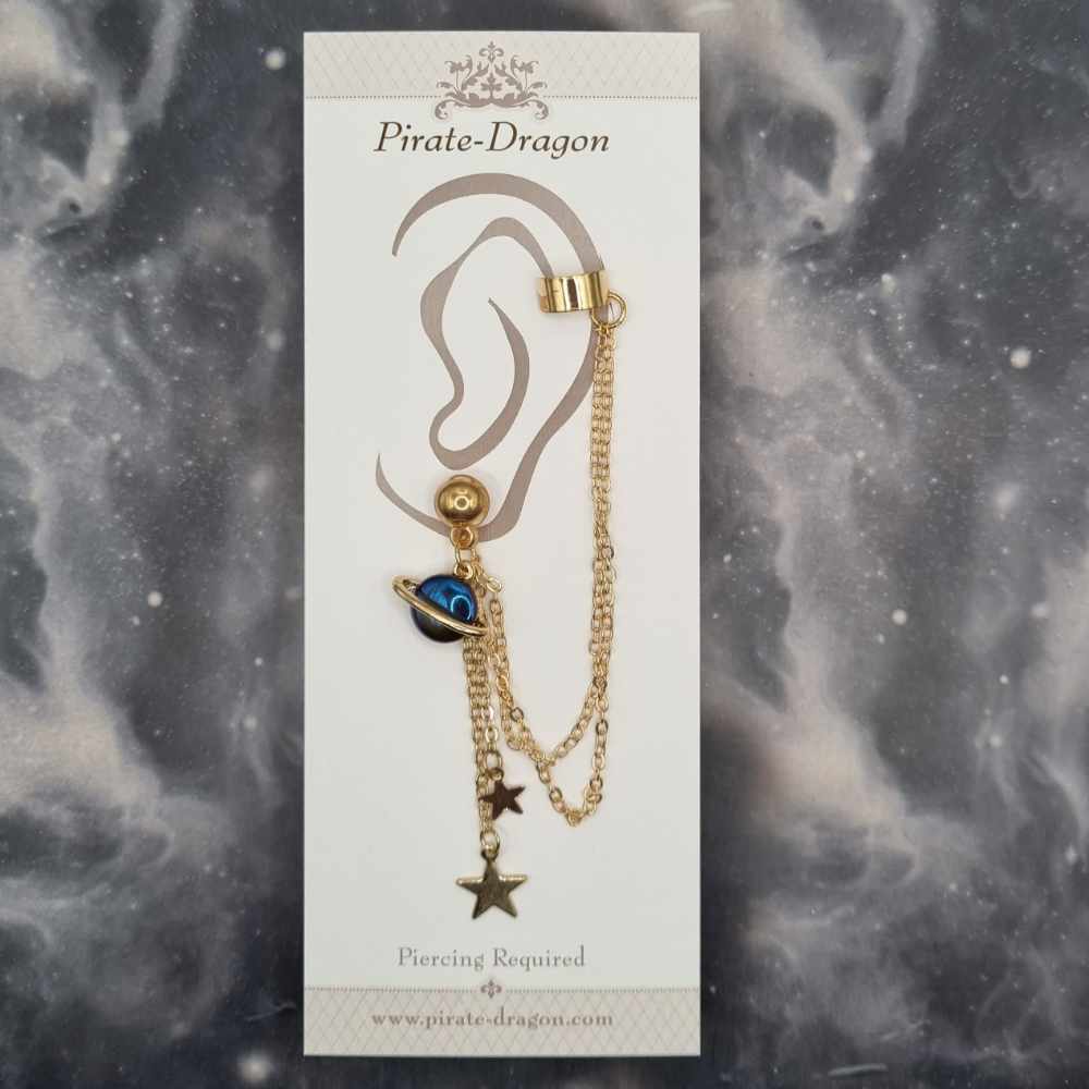 Blue Planet & Stars with Gold Chains Pierced Earcuff (EC99554)