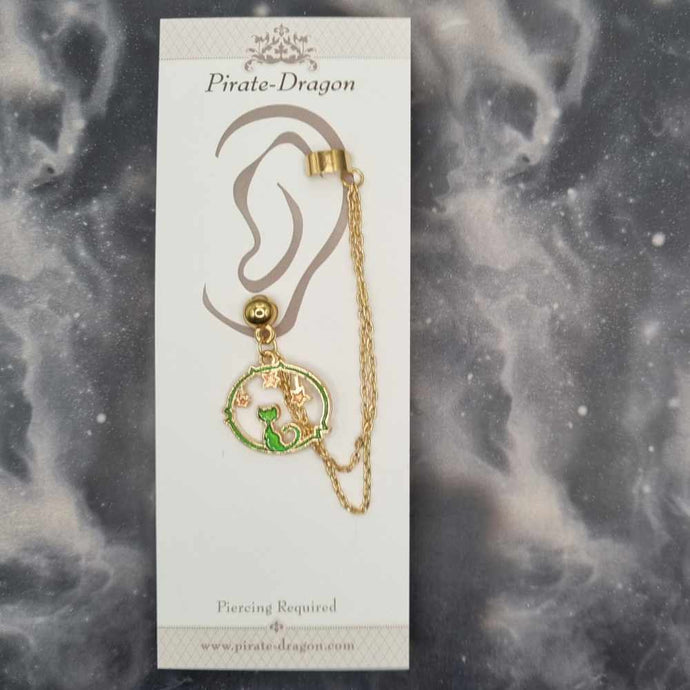 Green Cat & Stars with Gold Chains Pierced Earcuff (EC99556)
