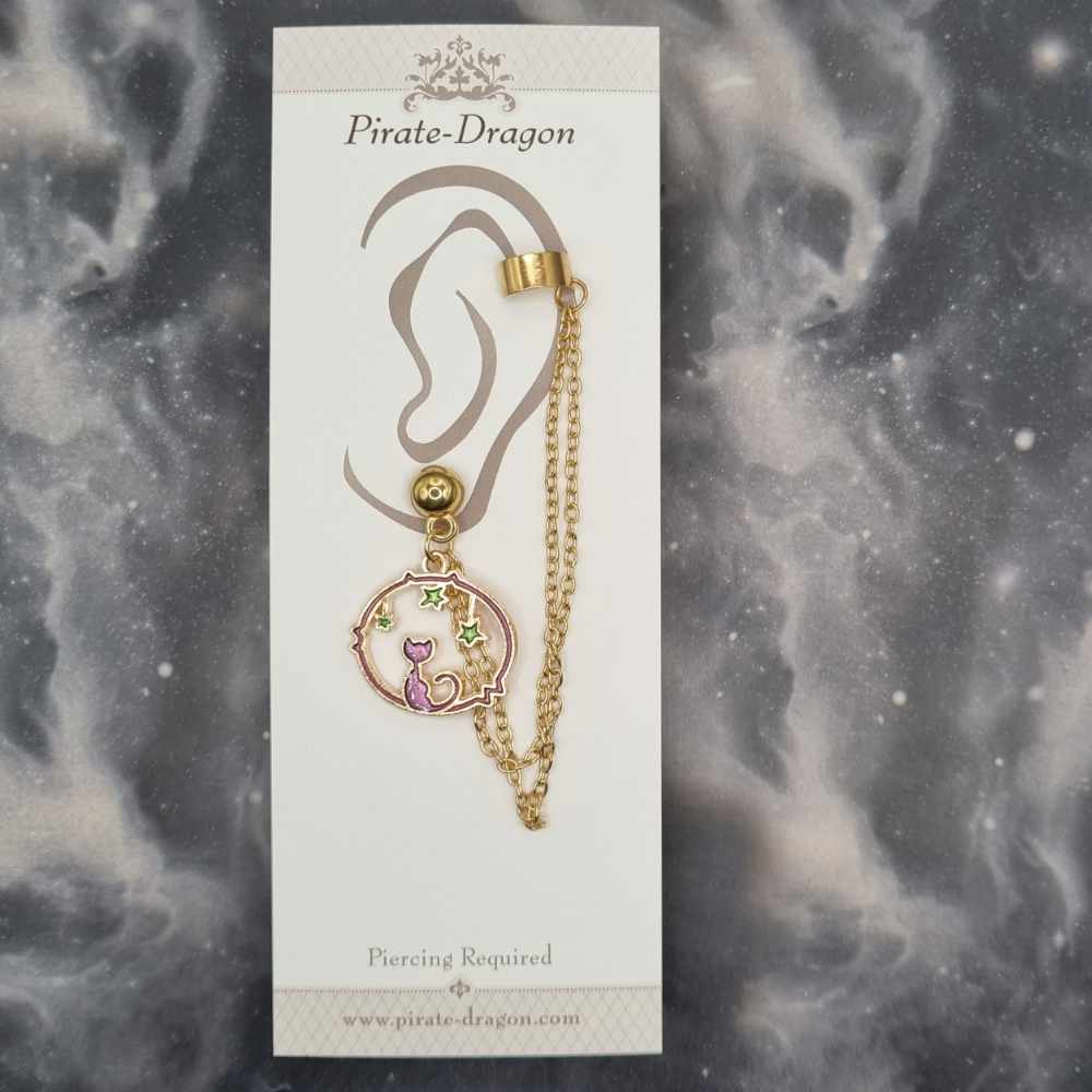 Purple Cat & Stars with Gold Chains Pierced Earcuff (EC99557)