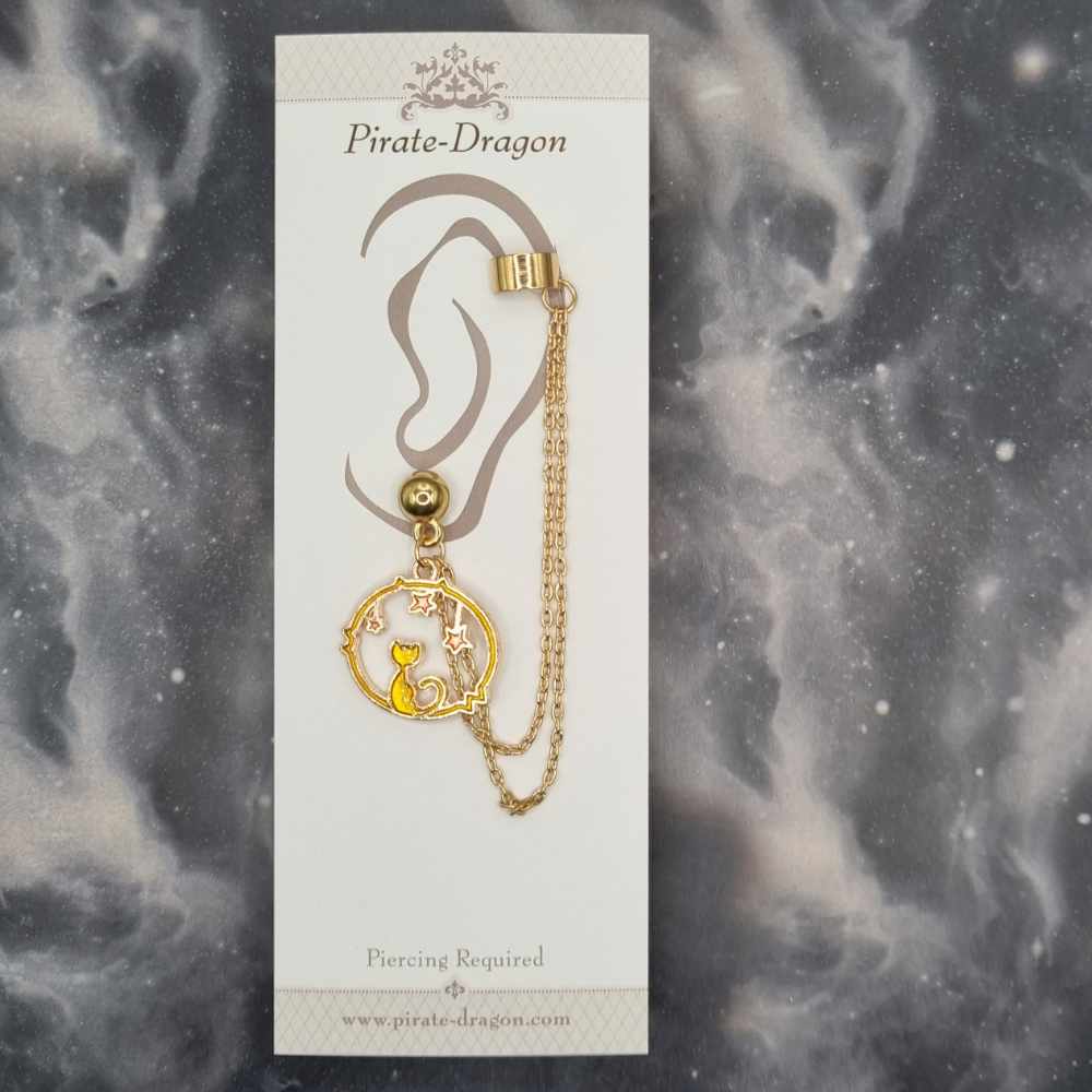 Yellow Cat & Stars with Gold Chains Pierced Earcuff (EC99559)