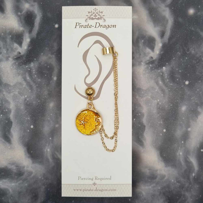 Yellow Crescent Moon & Star with Gold Chains Pierced Earcuff (EC99566)