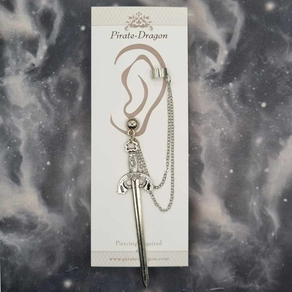 Silver Sword with Silver Chains Pierced Earcuff (EC99569)