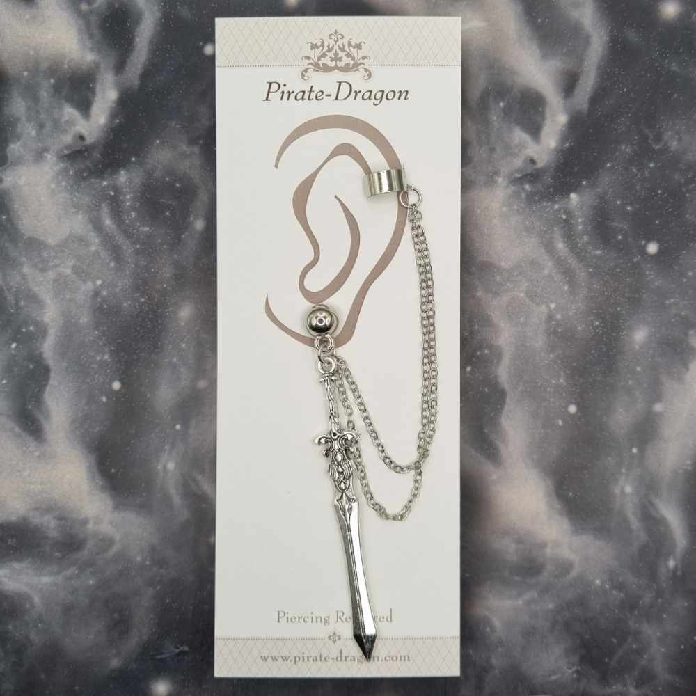 Silver Sword with Silver Chains Pierced Earcuff (EC99571)