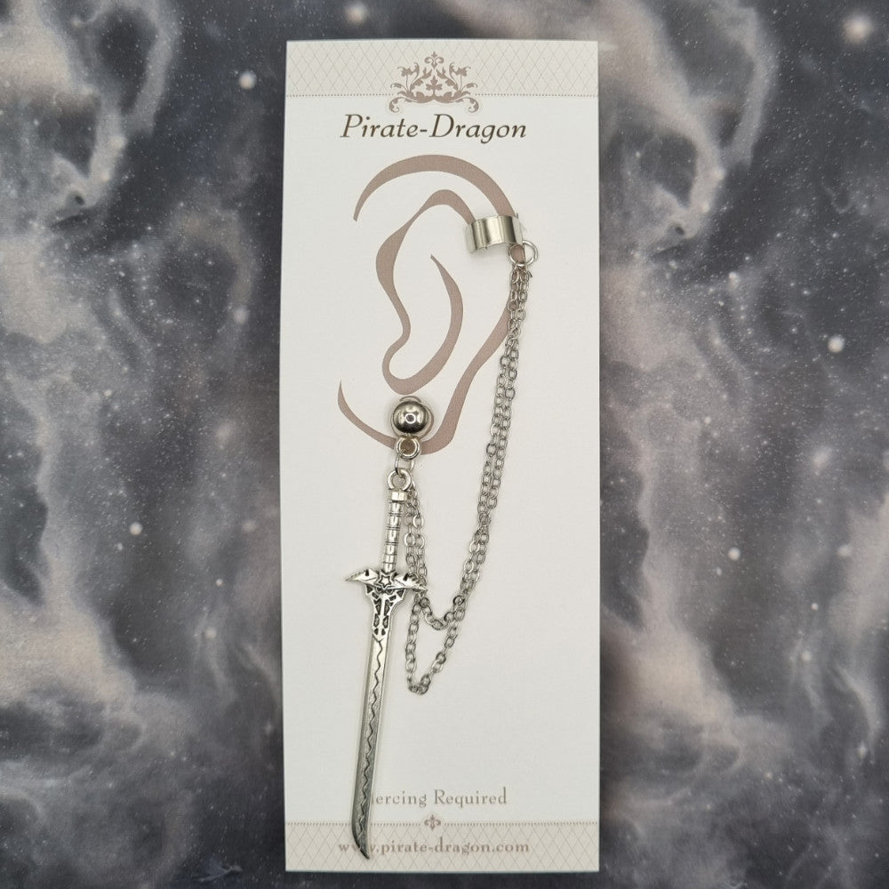 Silver Sword with Silver Chains Pierced Earcuff (EC99575)