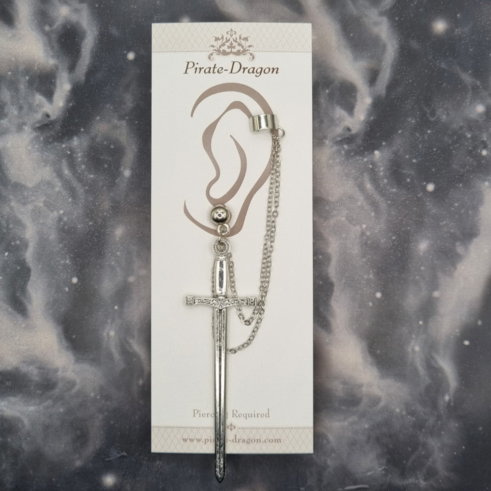Silver Sword with Silver Chains Pierced Earcuff (EC99576)