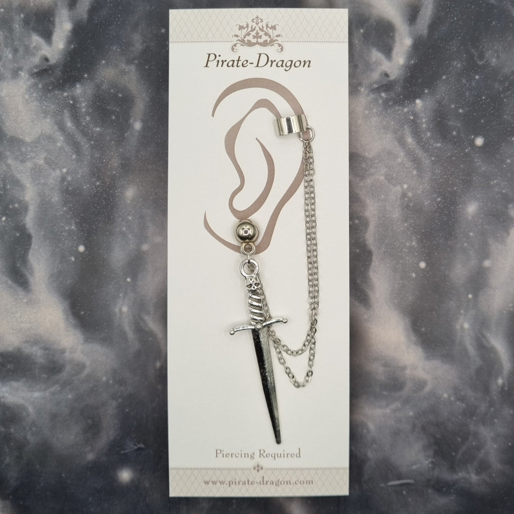 Silver Sword with Silver Chains Pierced Earcuff (EC99579)