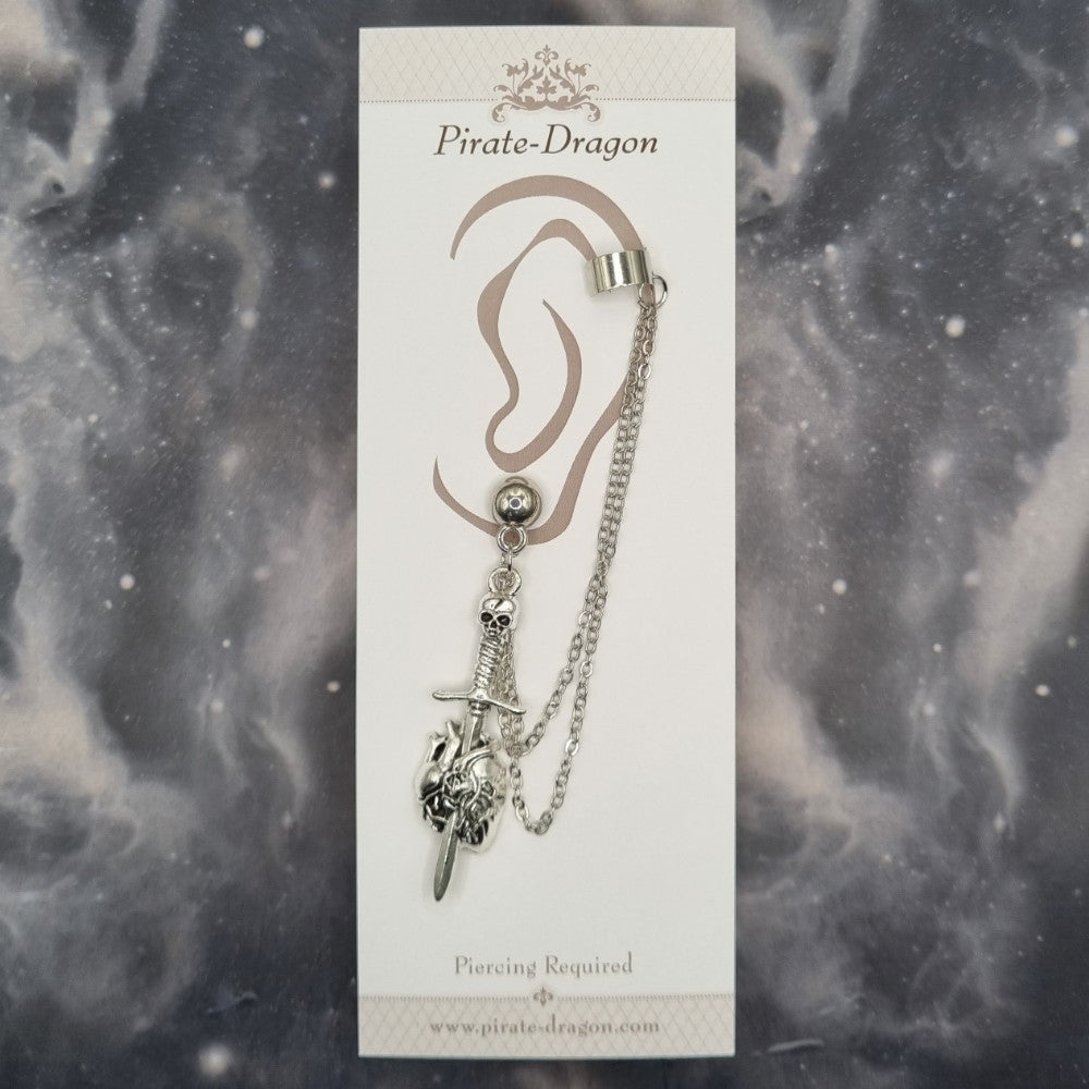 Dagger through Heart with Silver Chains Pierced Earcuff (EC99592)