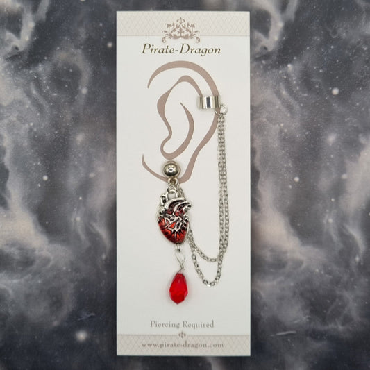 Red Heart with Drop with Silver Chains Pierced Earcuff (EC99594)