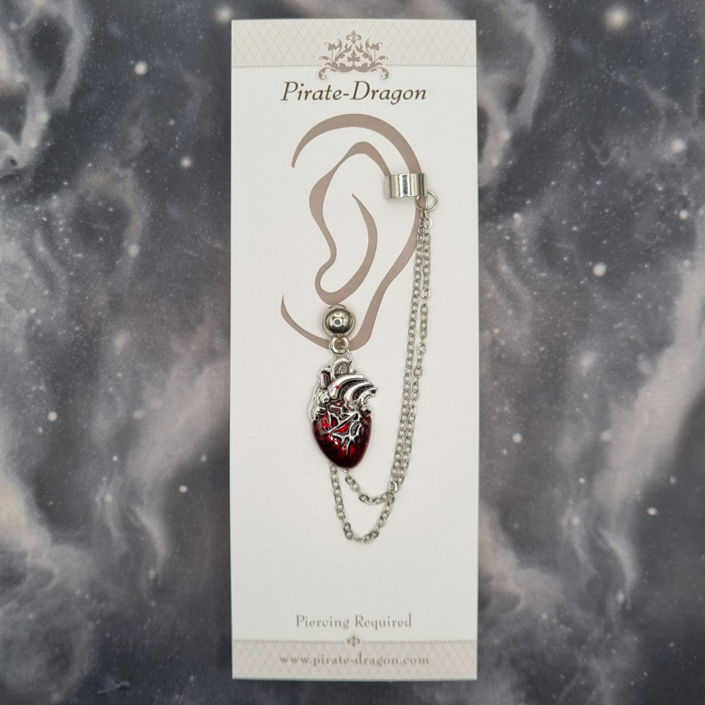 Red Enameled Heart with Silver Chains Pierced Earcuff (EC99595)