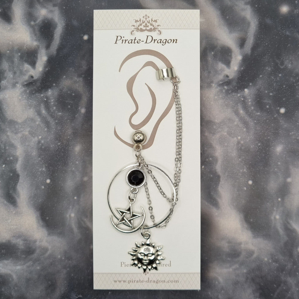 Moon & Star Drop with Silver Chains Pierced Earcuff (EC99603)