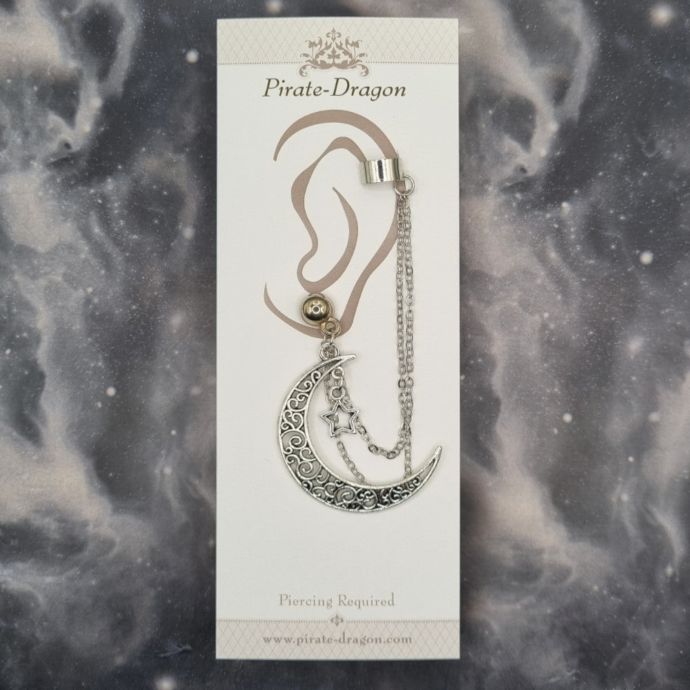 Filigree Moon & Star with Silver Chains Pierced Earcuff (EC99604)