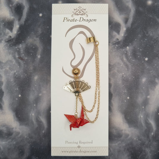 Red Origami Crane with Fan and Gold Chains Pierced Earcuff (EC99615)