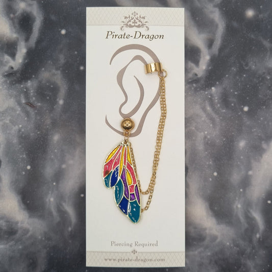 Multicolour Butterfly Wing with Gold Chains Pierced Earcuff (EC99631)