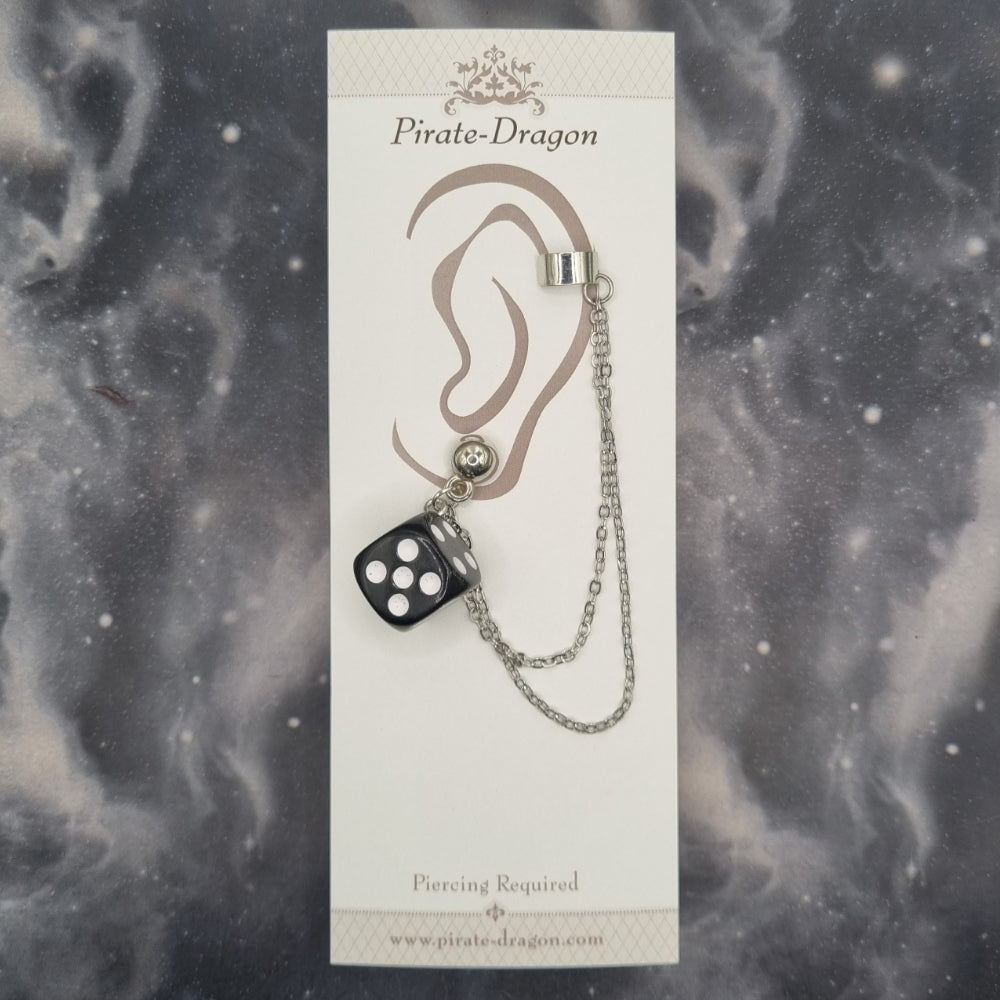 Black D6 Dice with Silver Chains Pierced Earcuff (EC99634)