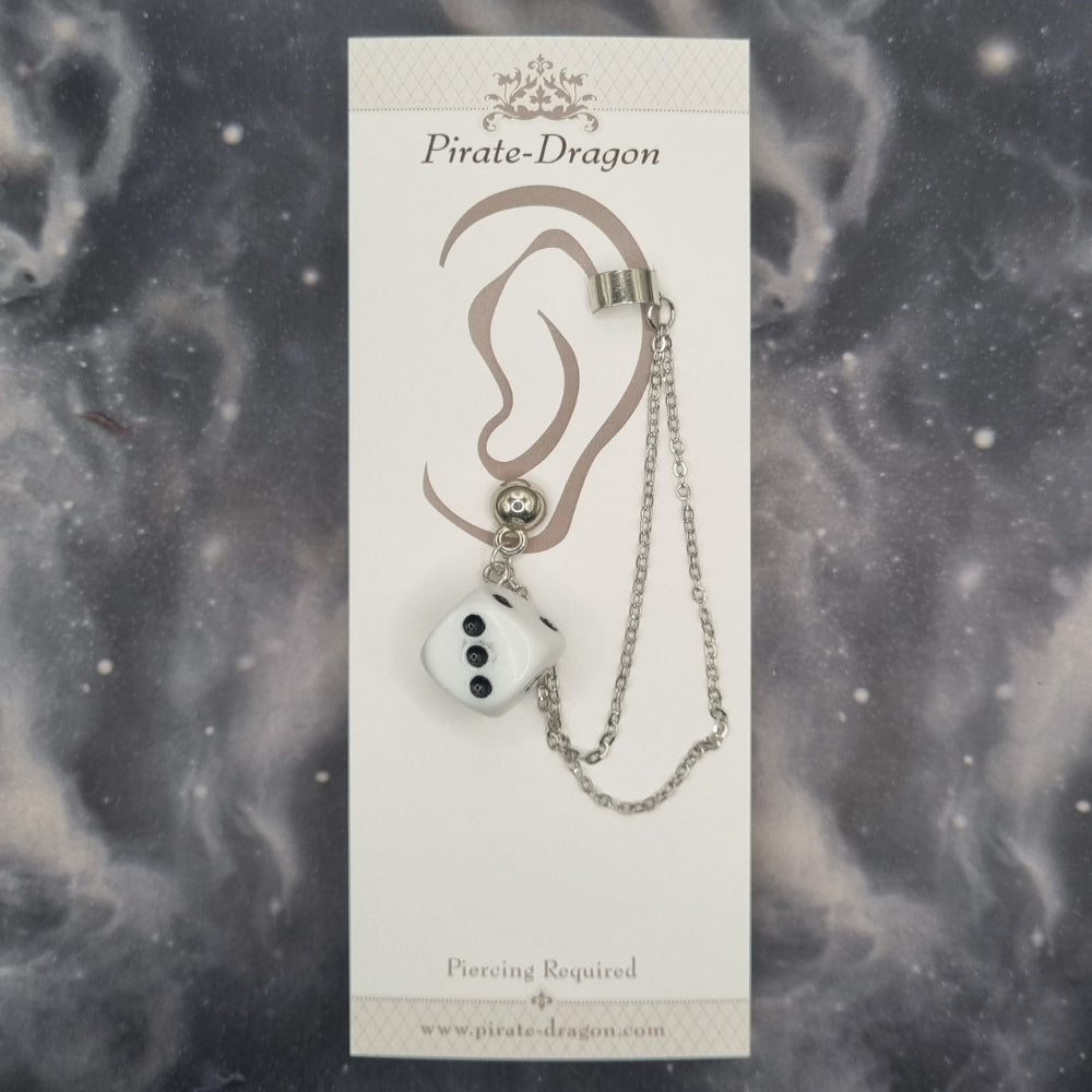 White D6 Dice with Silver Chains Pierced Earcuff (EC99645)