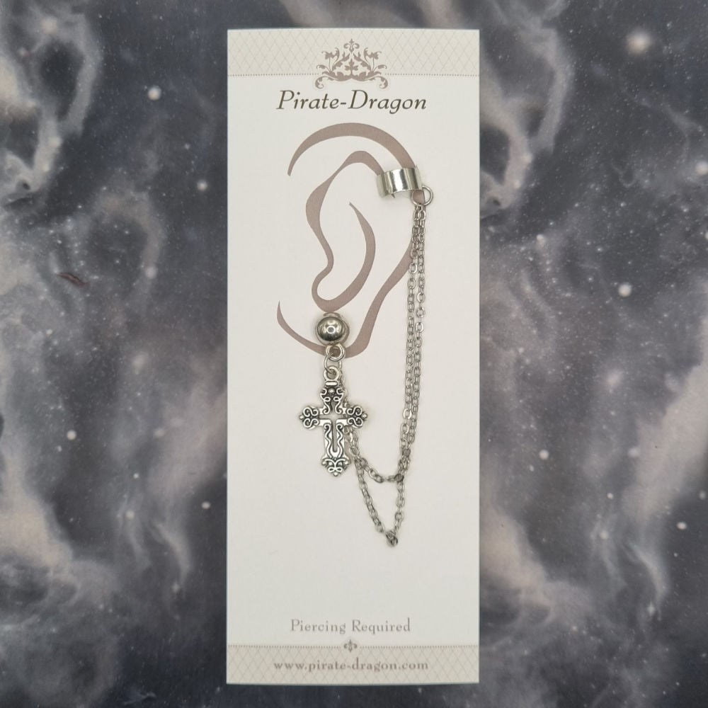 Silver Cross with Silver Chains Pierced Earcuff (EC99651)