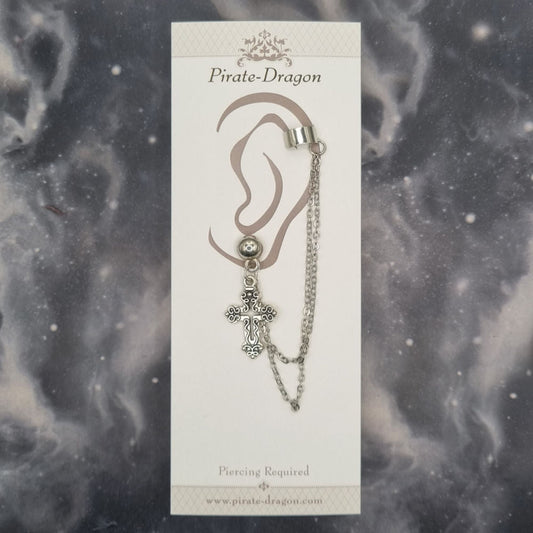 Silver Cross with Silver Chains Pierced Earcuff (EC99651)