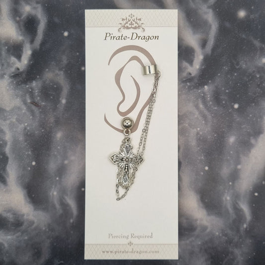 Silver Cross with Silver Chains Pierced Earcuff (EC99652)