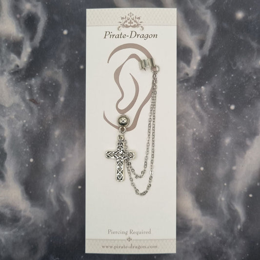 Silver Cross with Silver Chains Pierced Earcuff (EC99653)