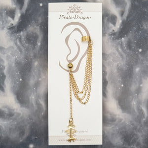 Gold Fish Skeleton with Gold Chains Pierced Earcuff (EC5007)