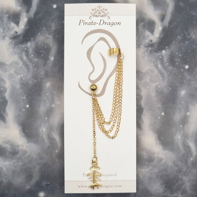 Gold Fish Skeleton with Gold Chains Pierced Earcuff (EC5007)