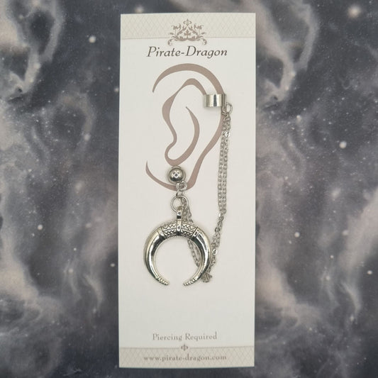 Silver Crescent Pendant with Silver Chains Pierced Earcuff (EC99708)