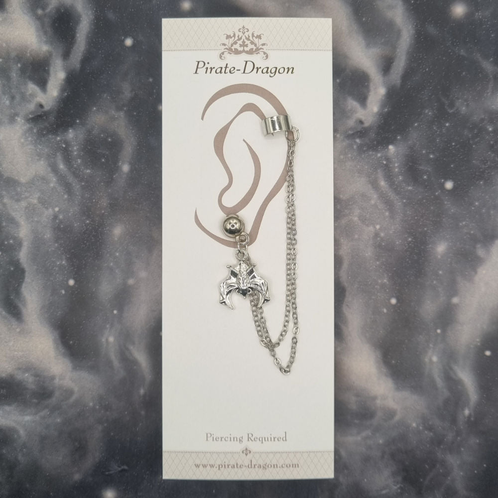 Silver Bat with Silver Chains Pierced Earcuff (EC99717)