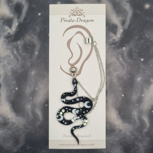 Black Galaxy Snake with Silver Chains Pierced Earcuff (EC99718)