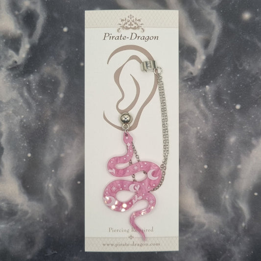 Pink Galaxy Snake with Silver Chains Pierced Earcuff (EC99719)
