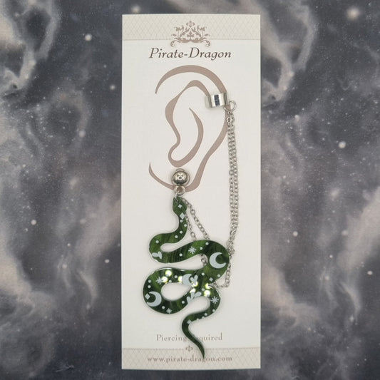 Green Galaxy Snake with Silver Chains Pierced Earcuff (EC99720)