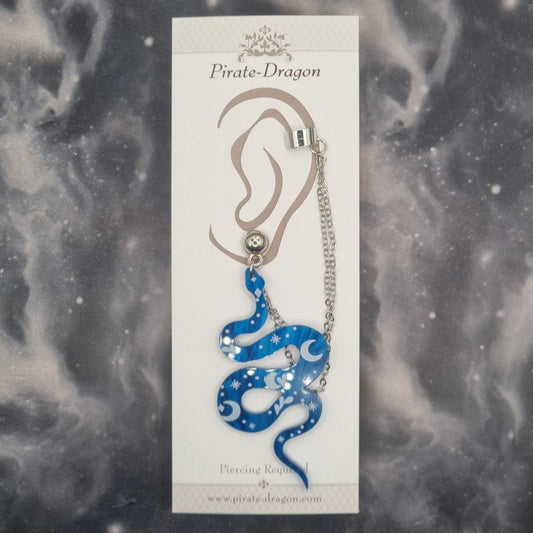 Blue Galaxy Snake with Silver Chains Pierced Earcuff (EC99721)