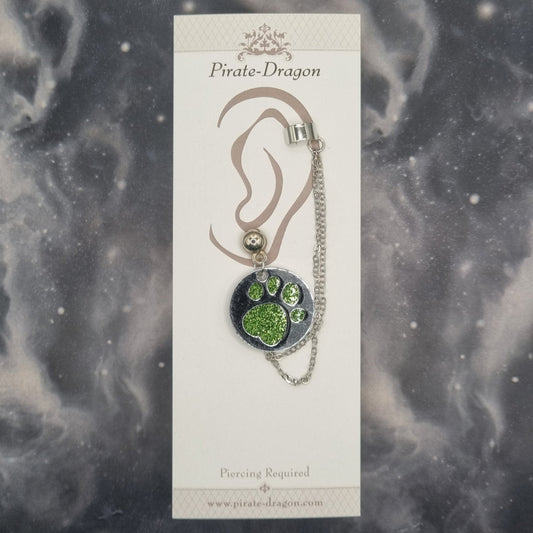 Green Paw Print with Silver Chains Pierced Earcuff (EC99729)